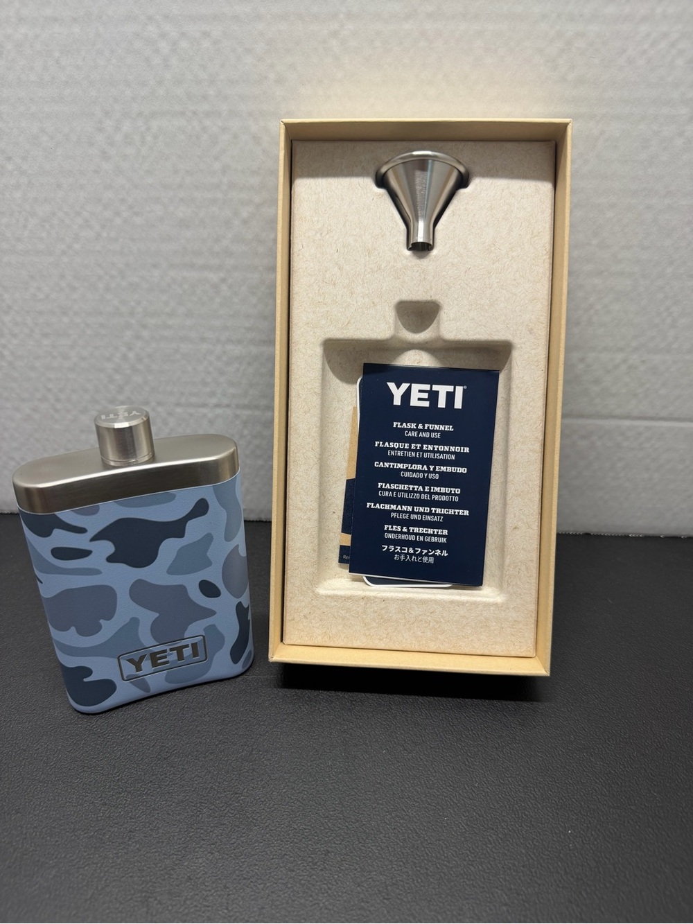 NEW YETI Gear Garage Blue Camo 7 oz Flask Limited Edition w/ Funnel & Gift - Picture 2 of 4
